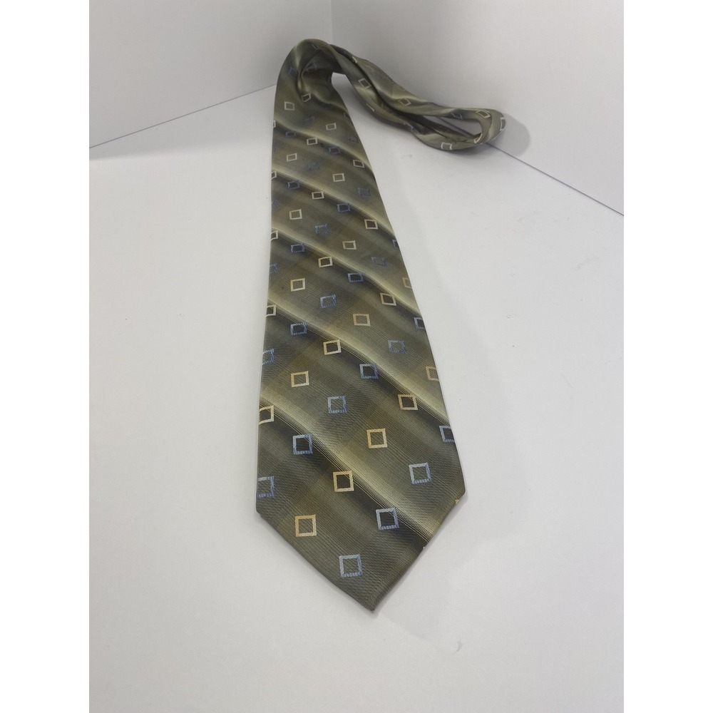 Kenneth Cole Tie Mens Green Gold Silver Square Geometric Pattern Classic Necktie
